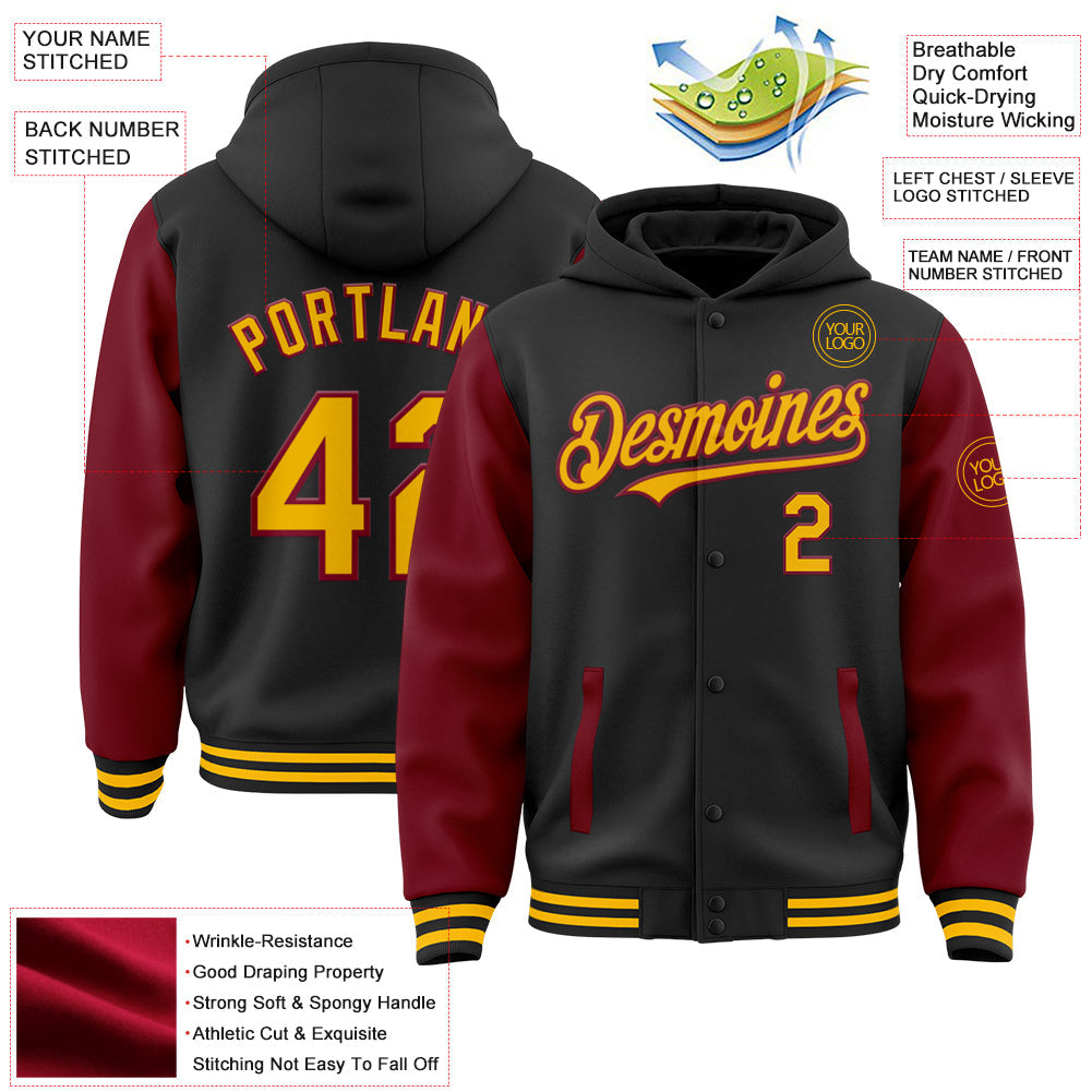 Custom Black Gold-Crimson Bomber Full-Snap Varsity Letterman Two Tone Hoodie Jacket view 3