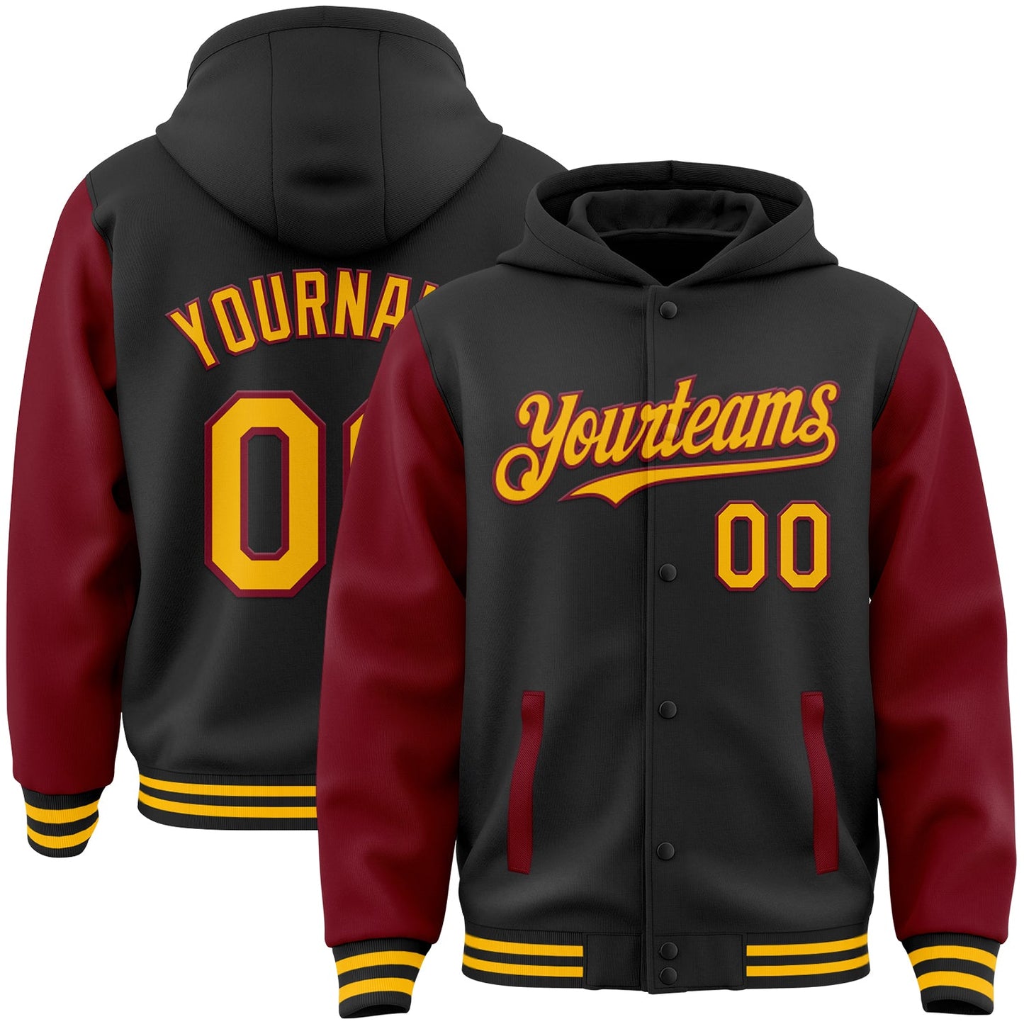 Custom Black Gold-Crimson Bomber Full-Snap Varsity Letterman Two Tone Hoodie Jacket - Main View