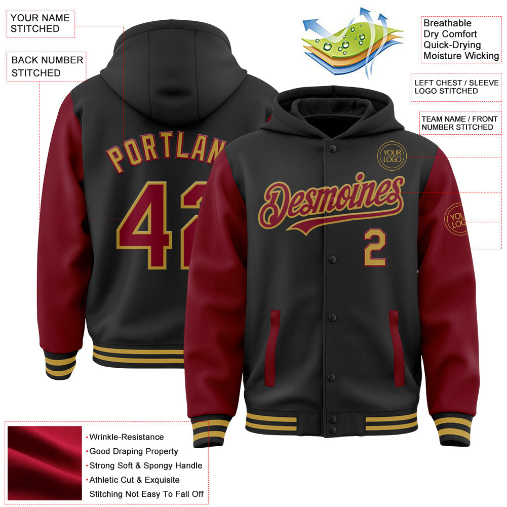 Custom Black Crimson-Old Gold Bomber Full-Snap Varsity Letterman Two Tone Hoodie Jacket view 3