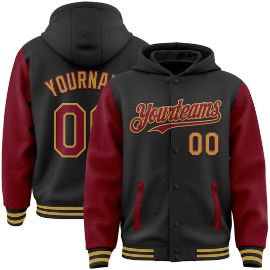 Custom Black Crimson-Old Gold Bomber Full-Snap Varsity Letterman Two Tone Hoodie Jacket - Main View