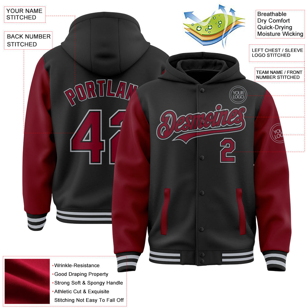 Custom Black Crimson-Gray Bomber Full-Snap Varsity Letterman Two Tone Hoodie Jacket view 3