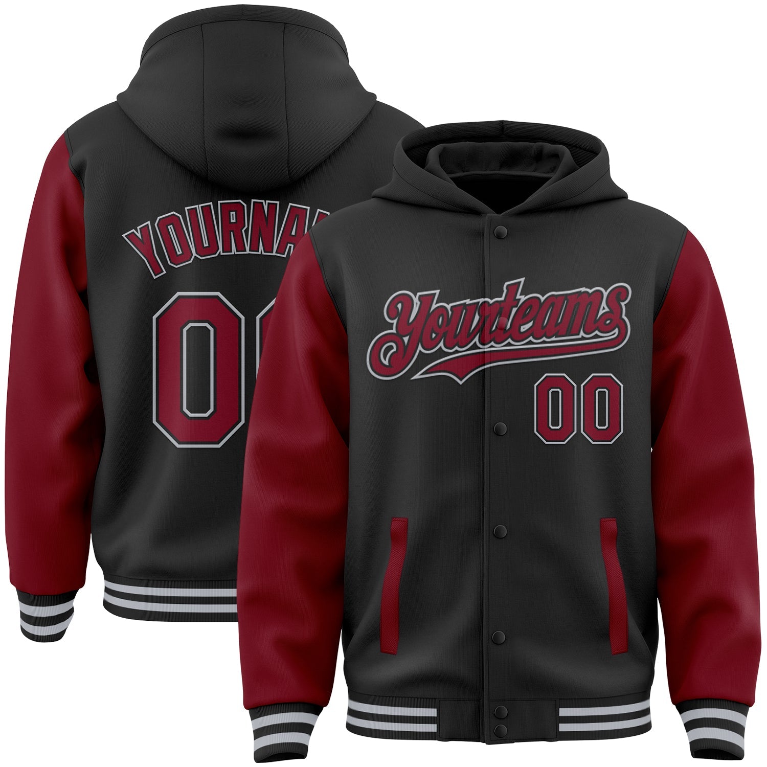Custom Black Crimson-Gray Bomber Full-Snap Varsity Letterman Two Tone Hoodie Jacket - Main View