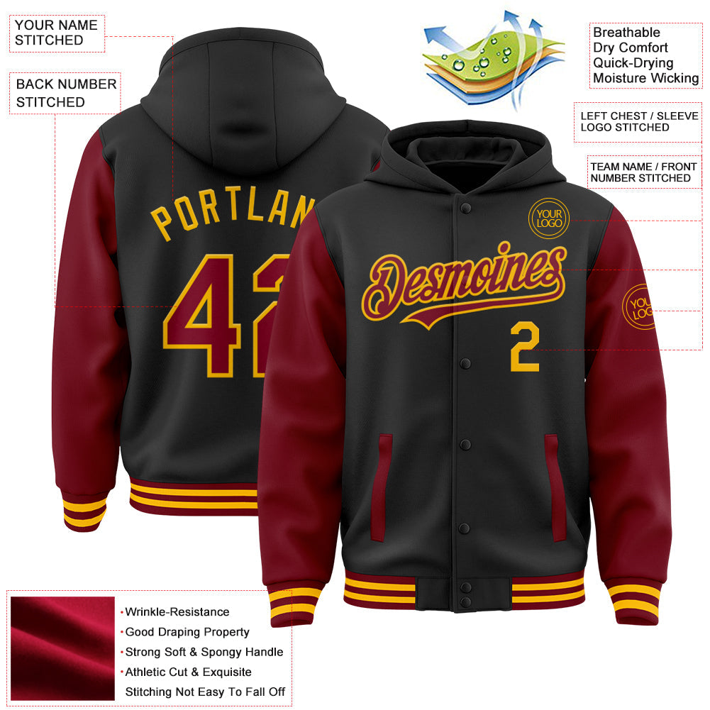 Custom Black Crimson-Gold Bomber Full-Snap Varsity Letterman Two Tone Hoodie Jacket view 3