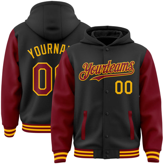 Custom Black Crimson-Gold Bomber Full-Snap Varsity Letterman Two Tone Hoodie Jacket - Main View