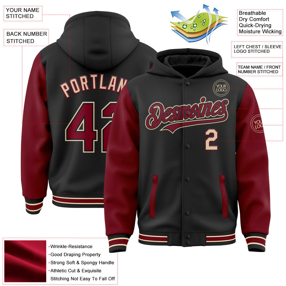 Custom Black Crimson-City Cream Bomber Full-Snap Varsity Letterman Two Tone Hoodie Jacket view 3