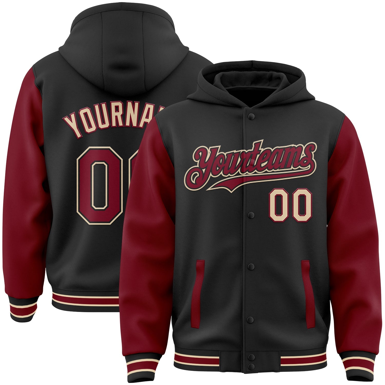 Custom Black Crimson-City Cream Bomber Full-Snap Varsity Letterman Two Tone Hoodie Jacket - Main View