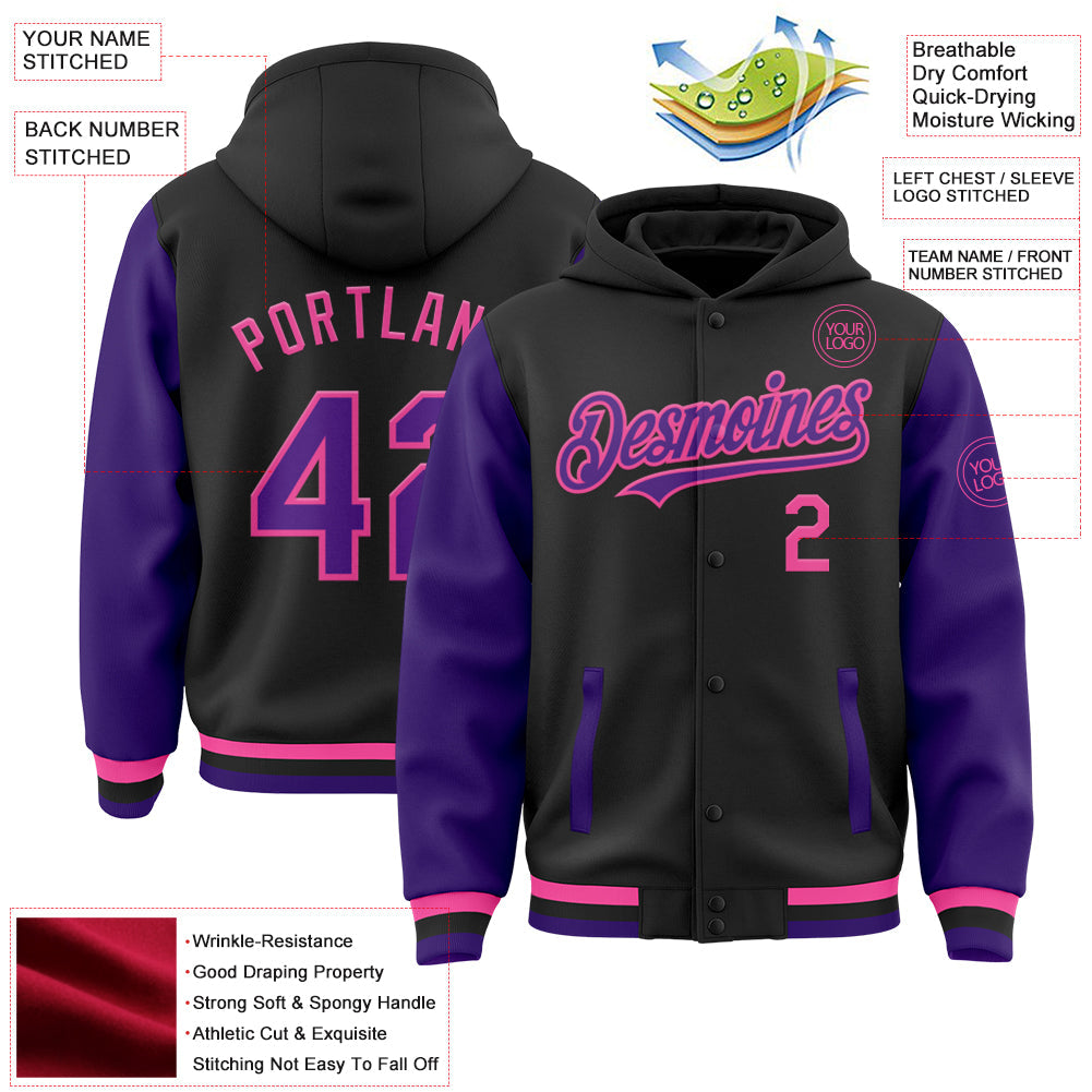 Custom Black Purple-Pink Bomber Full-Snap Varsity Letterman Two Tone Hoodie Jacket view 3