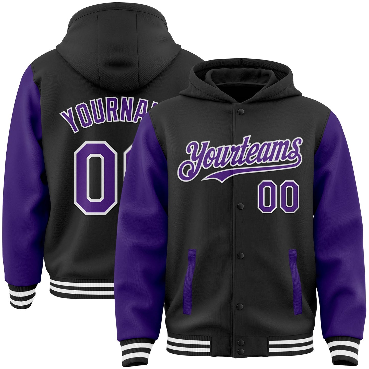 Custom Black Purple-White Bomber Full-Snap Varsity Letterman Two Tone Hoodie Jacket - Main View
