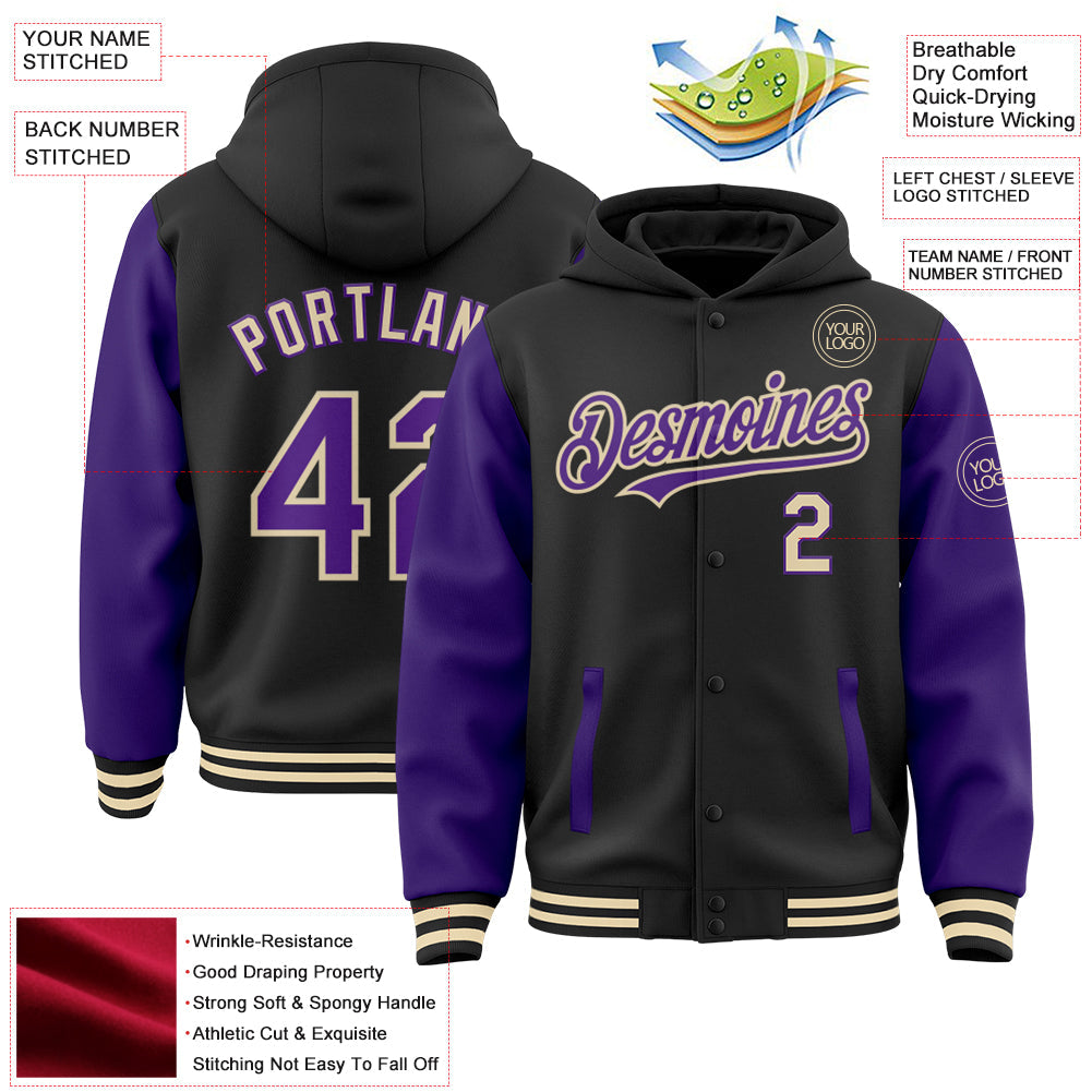 Custom Black Purple-Cream Bomber Full-Snap Varsity Letterman Two Tone Hoodie Jacket view 3