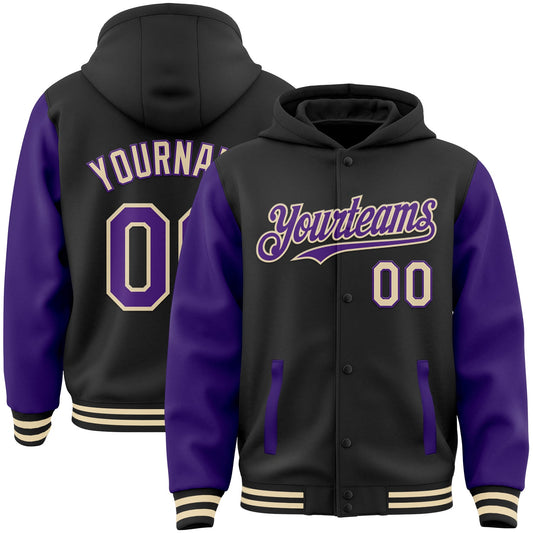 Custom Black Purple-Cream Bomber Full-Snap Varsity Letterman Two Tone Hoodie Jacket - Main View