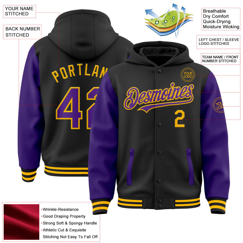 Custom Black Purple-Gold Bomber Full-Snap Varsity Letterman Two Tone Hoodie Jacket view 3