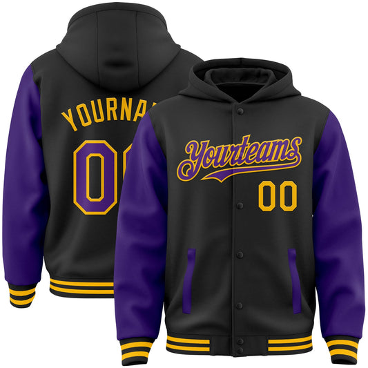 Custom Black Purple-Gold Bomber Full-Snap Varsity Letterman Two Tone Hoodie Jacket - Main View