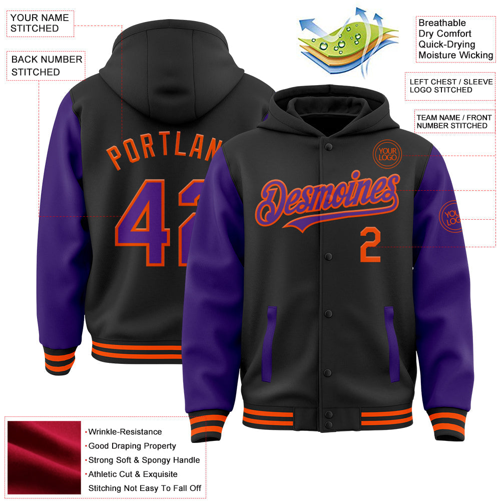 Custom Black Purple-Orange Bomber Full-Snap Varsity Letterman Two Tone Hoodie Jacket view 3