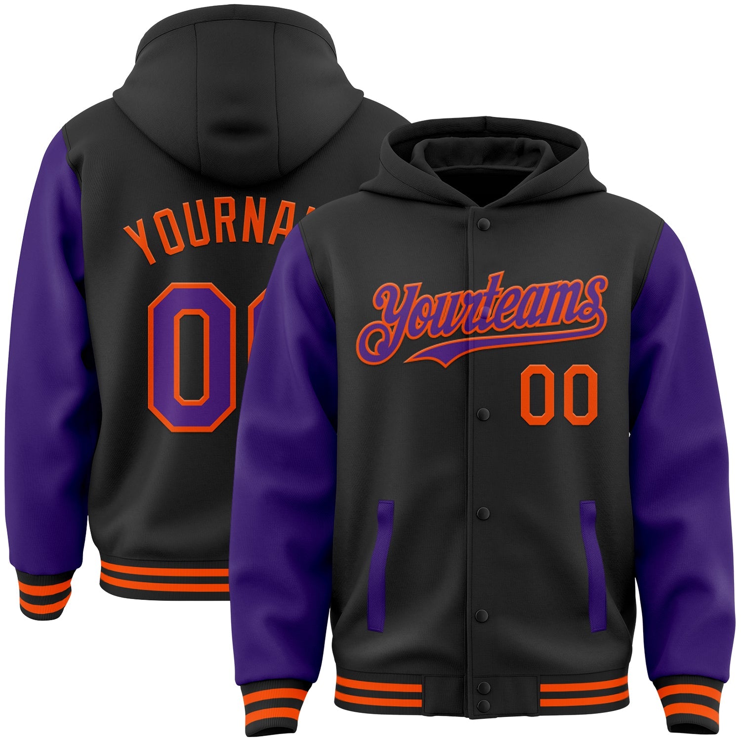 Custom Black Purple-Orange Bomber Full-Snap Varsity Letterman Two Tone Hoodie Jacket - Main View