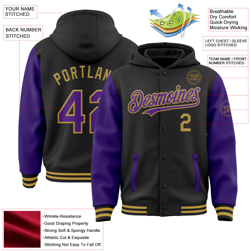 Custom Black Purple-Old Gold Bomber Full-Snap Varsity Letterman Two Tone Hoodie Jacket view 3