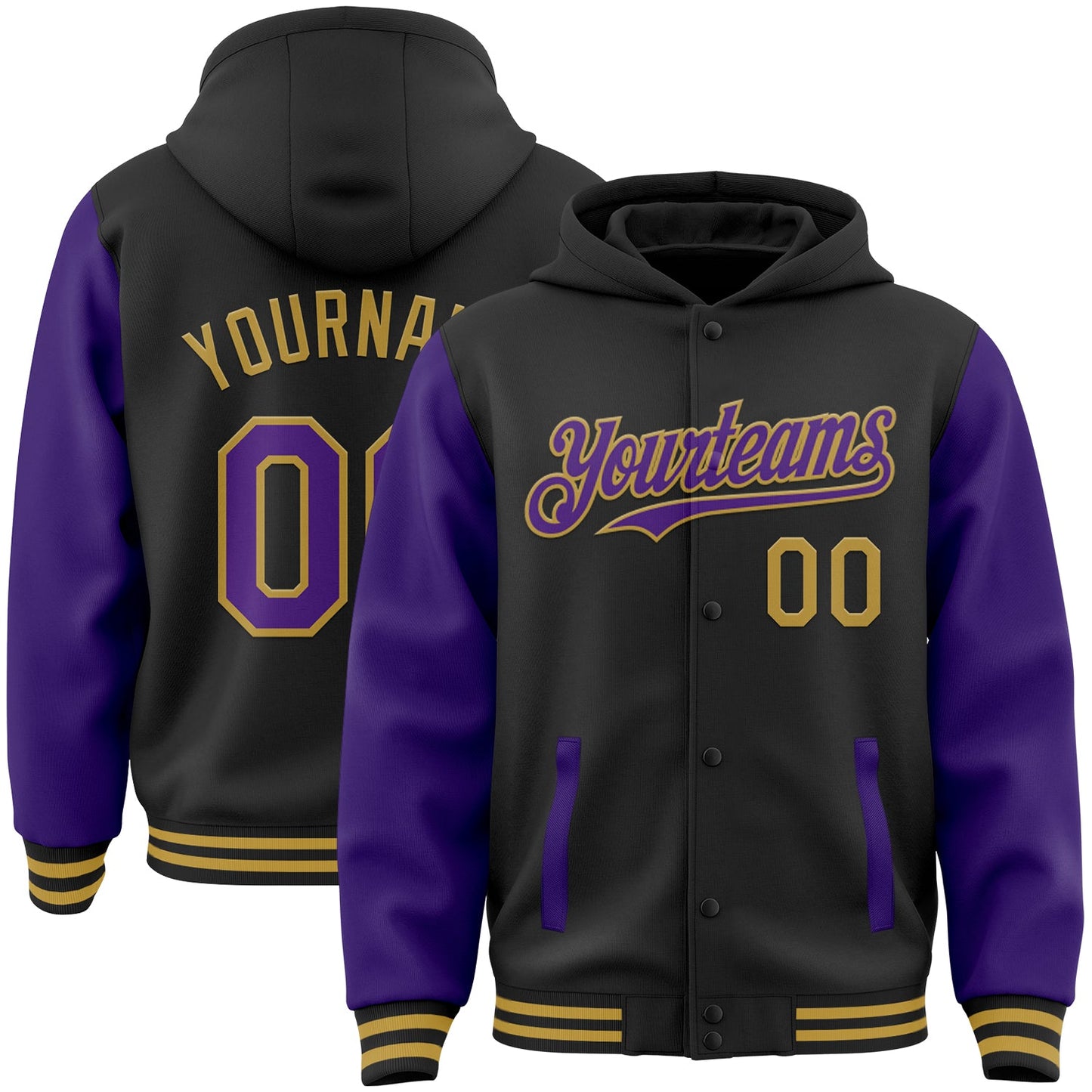 Custom Black Purple-Old Gold Bomber Full-Snap Varsity Letterman Two Tone Hoodie Jacket - Main View