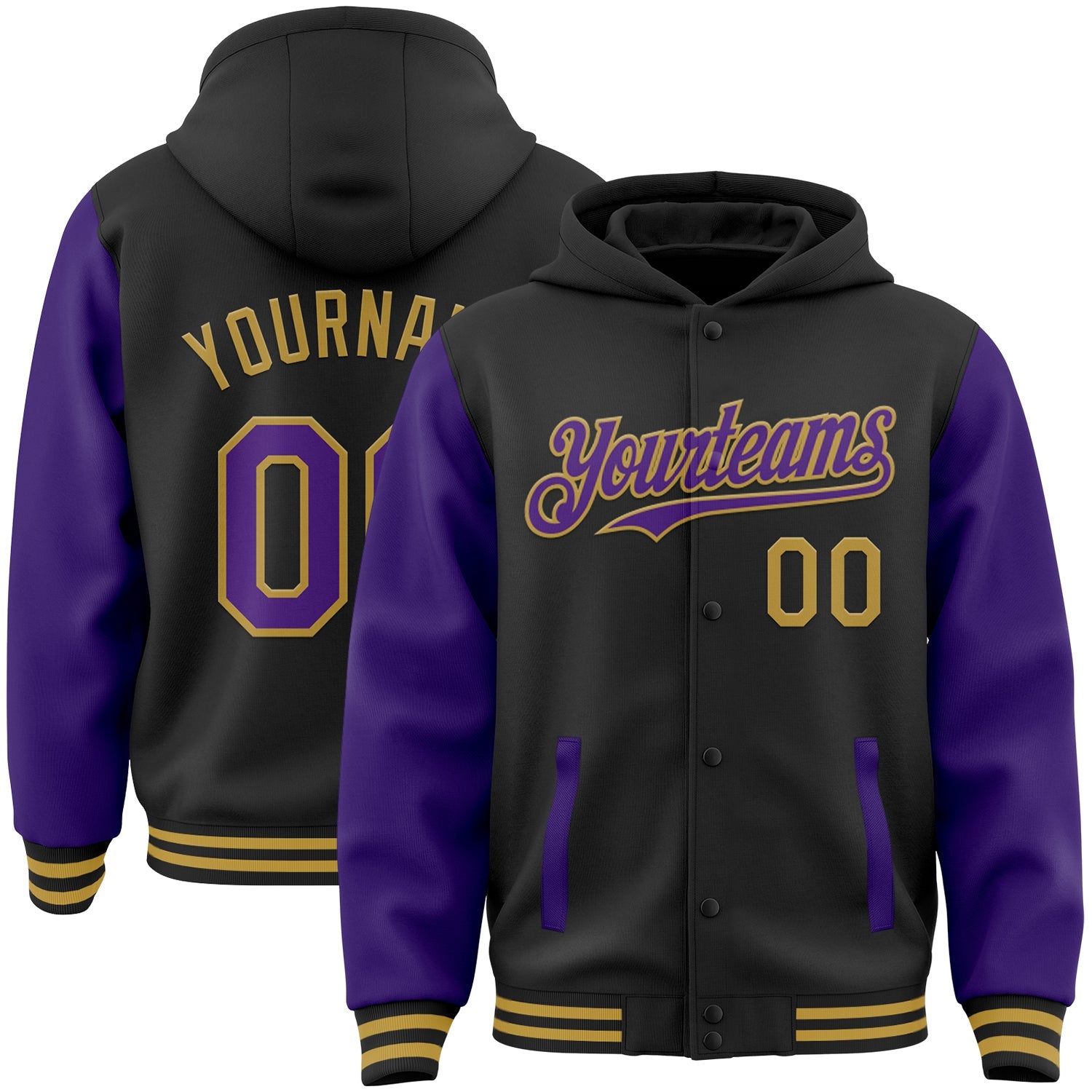 Custom Black Purple-Old Gold Bomber Full-Snap Varsity Letterman Two Tone Hoodie Jacket - Main View