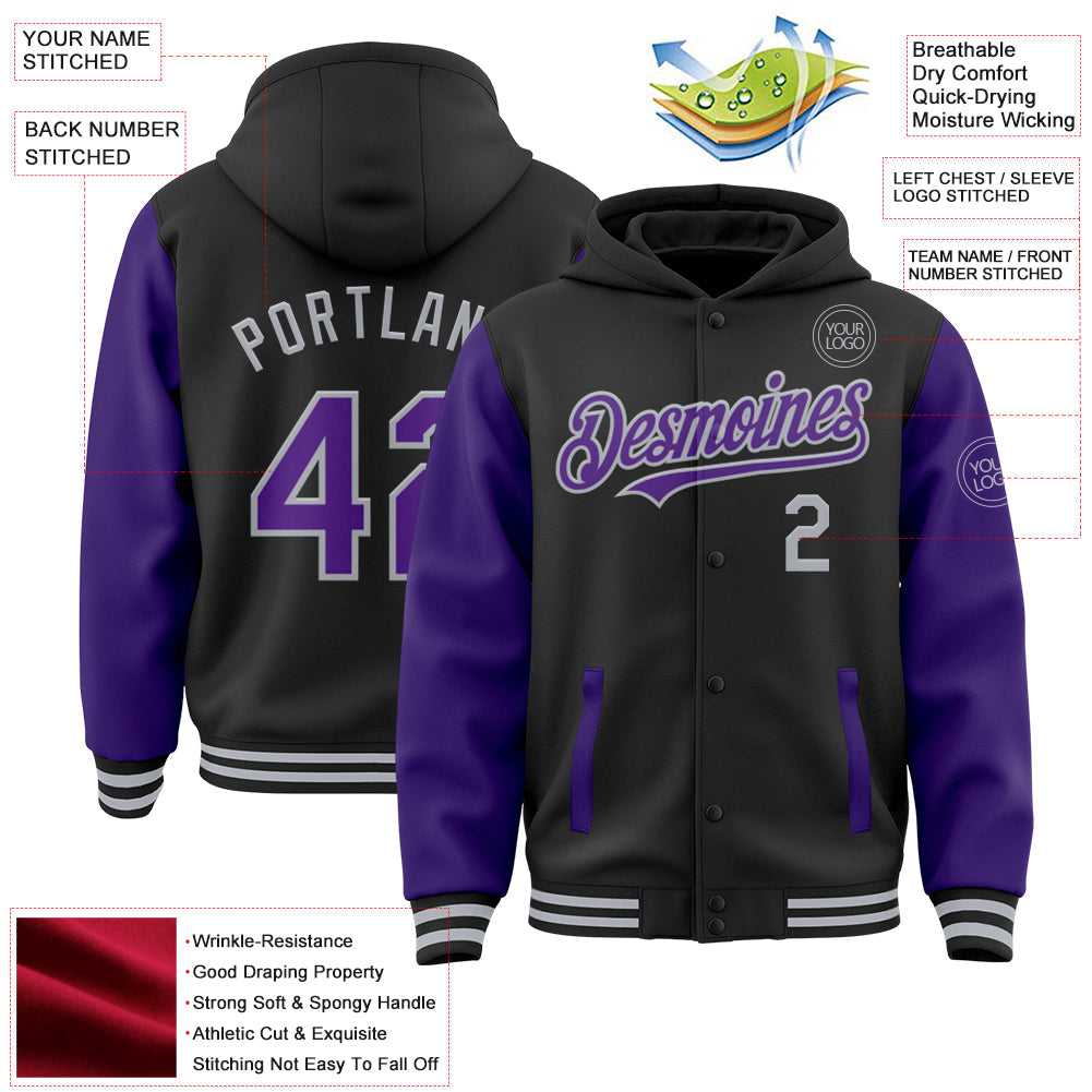 Custom Black Purple-Gray Bomber Full-Snap Varsity Letterman Two Tone Hoodie Jacket view 3