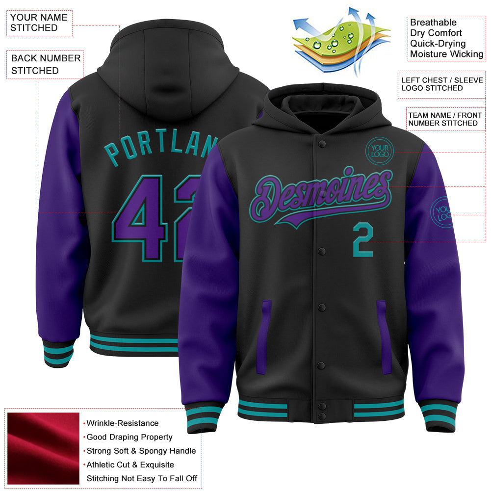 Custom Black Purple-Teal Bomber Full-Snap Varsity Letterman Two Tone Hoodie Jacket view 3
