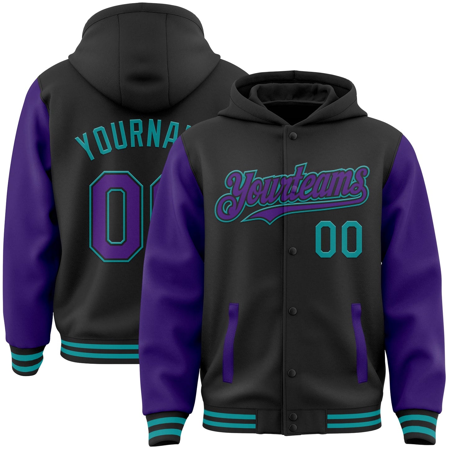 Custom Black Purple-Teal Bomber Full-Snap Varsity Letterman Two Tone Hoodie Jacket - Main View