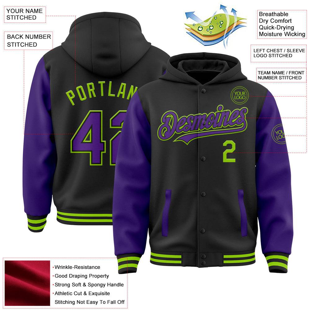 Custom Black Purple-Neon Green Bomber Full-Snap Varsity Letterman Two Tone Hoodie Jacket view 3