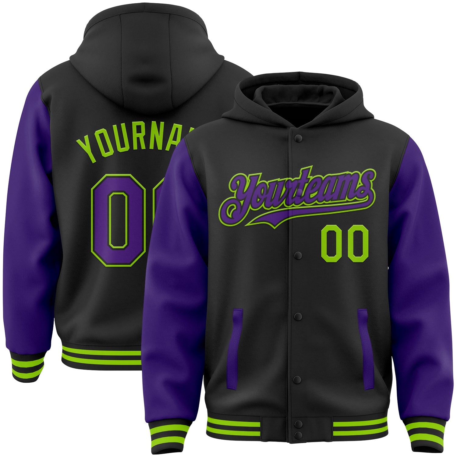 Custom Black Purple-Neon Green Bomber Full-Snap Varsity Letterman Two Tone Hoodie Jacket - Main View