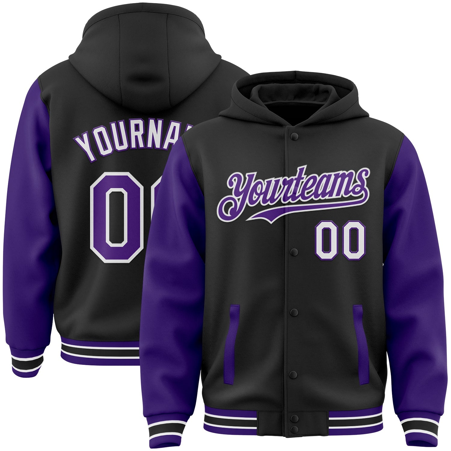 Custom Black Purple-White Bomber Full-Snap Varsity Letterman Two Tone Hoodie Jacket - Main View