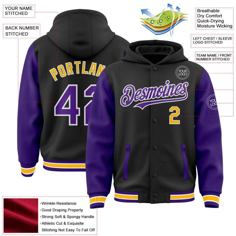 Custom Black Purple-Gold Bomber Full-Snap Varsity Letterman Two Tone Hoodie Jacket view 3