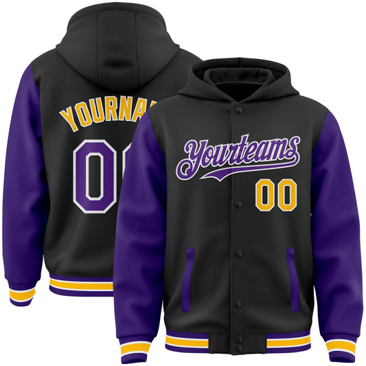 Custom Black Purple-Gold Bomber Full-Snap Varsity Letterman Two Tone Hoodie Jacket - Main View