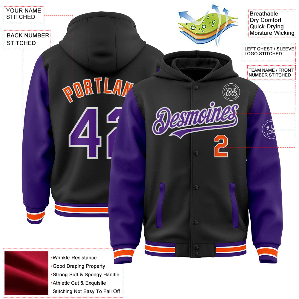 Custom Black Purple-Orange Bomber Full-Snap Varsity Letterman Two Tone Hoodie Jacket view 3