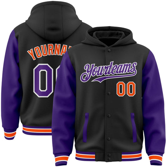 Custom Black Purple-Orange Bomber Full-Snap Varsity Letterman Two Tone Hoodie Jacket - Main View