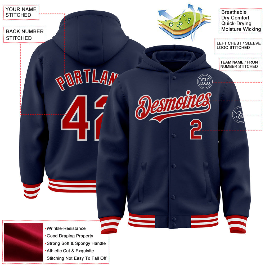 Custom Navy Red-White Bomber Full-Snap Varsity Letterman Hoodie Jacket view 3