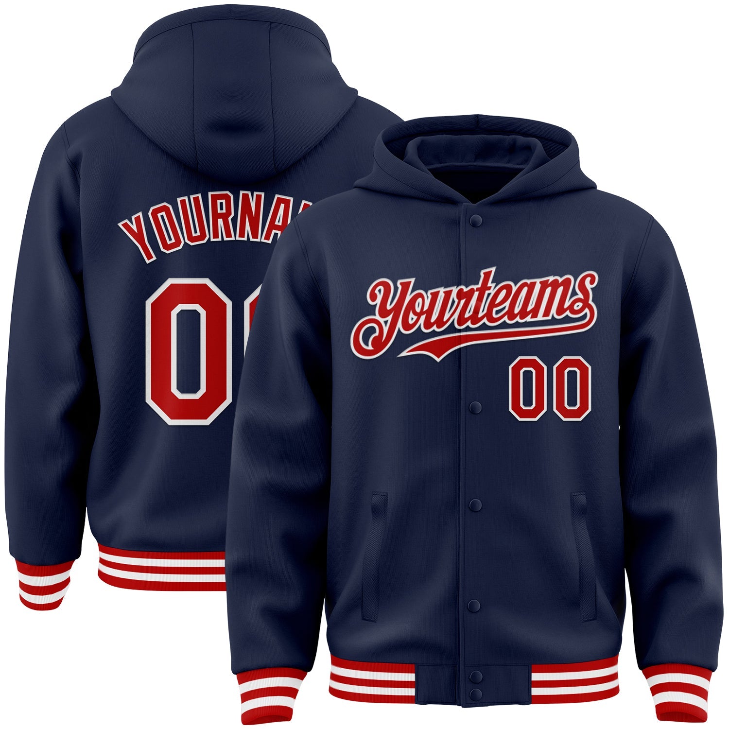 Custom Navy Red-White Bomber Full-Snap Varsity Letterman Hoodie Jacket - Main View
