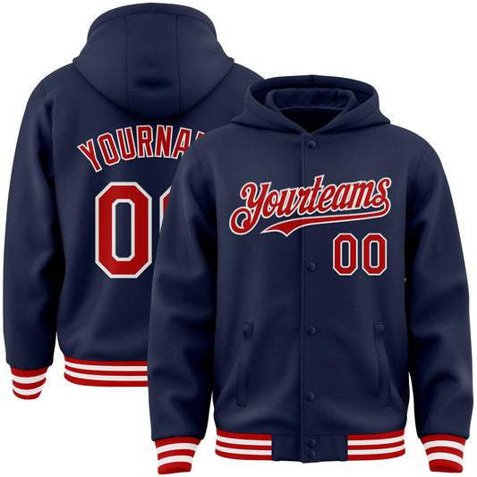 Custom Navy Red-White Bomber Full-Snap Varsity Letterman Hoodie Jacket - Main View