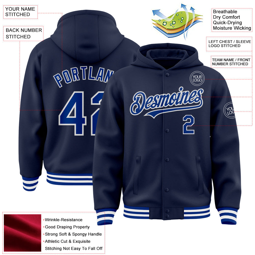 Custom Navy Royal-White Bomber Full-Snap Varsity Letterman Hoodie Jacket view 3