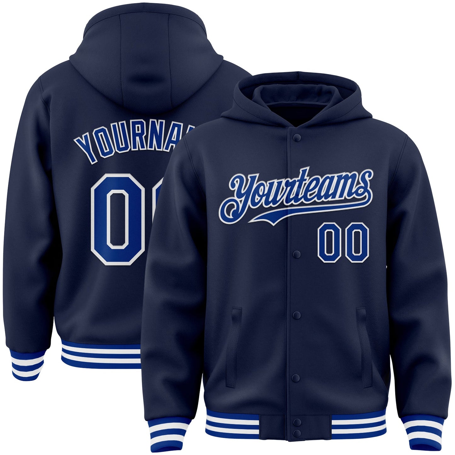 Custom Navy Royal-White Bomber Full-Snap Varsity Letterman Hoodie Jacket - Main View