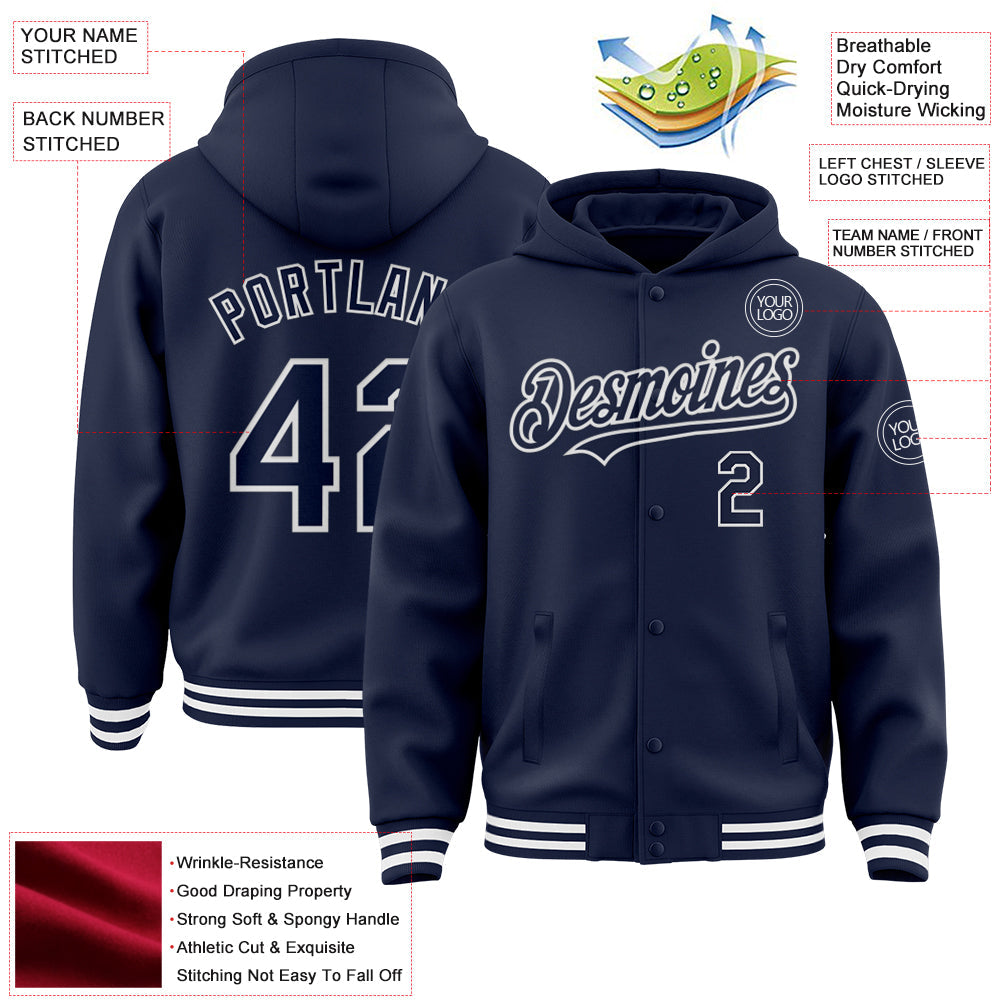 Custom Navy White Bomber Full-Snap Varsity Letterman Hoodie Jacket view 3