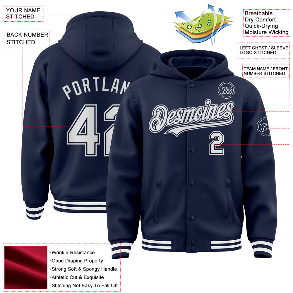 Custom Navy White Bomber Full-Snap Varsity Letterman Hoodie Jacket view 3
