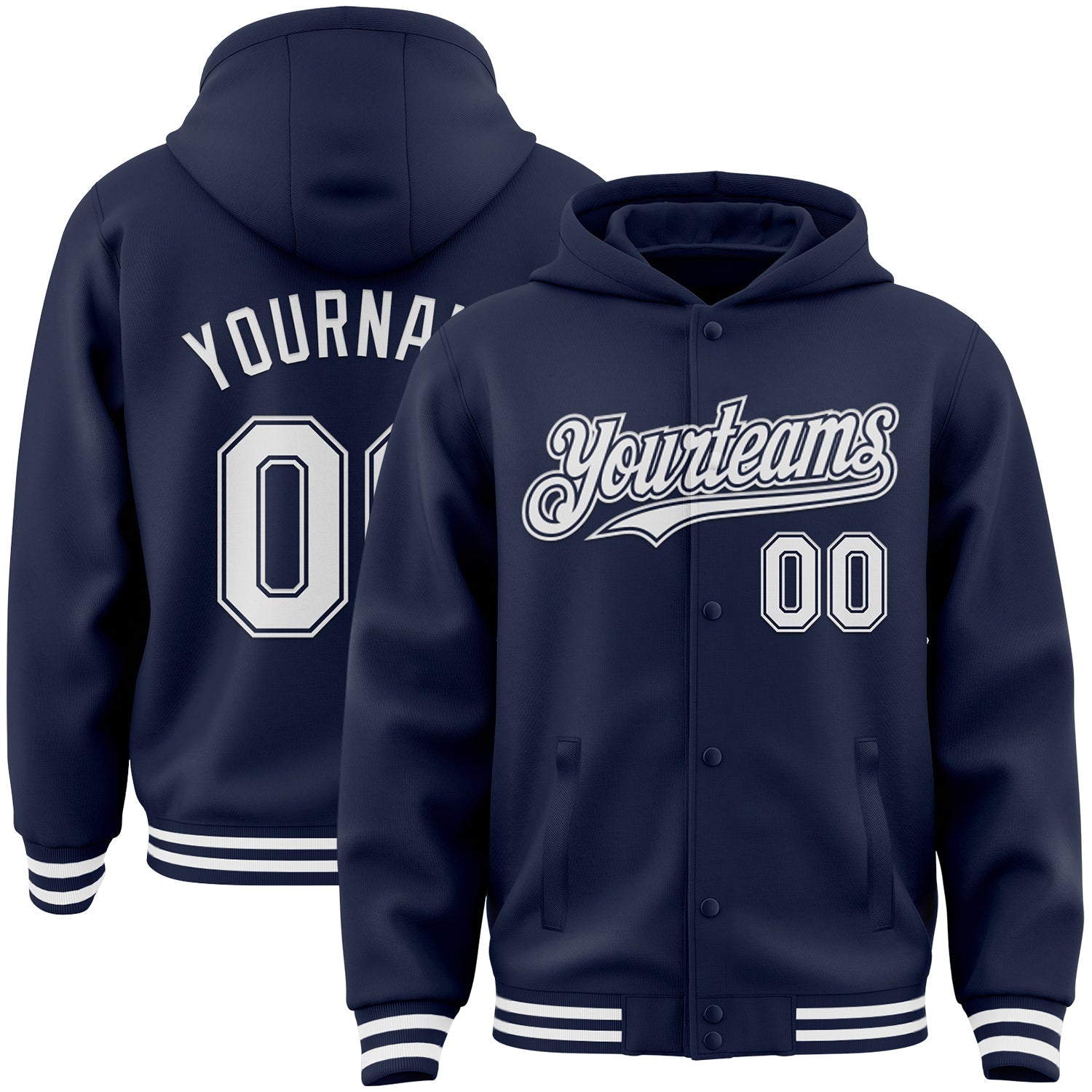 Custom Navy White Bomber Full-Snap Varsity Letterman Hoodie Jacket - Main View