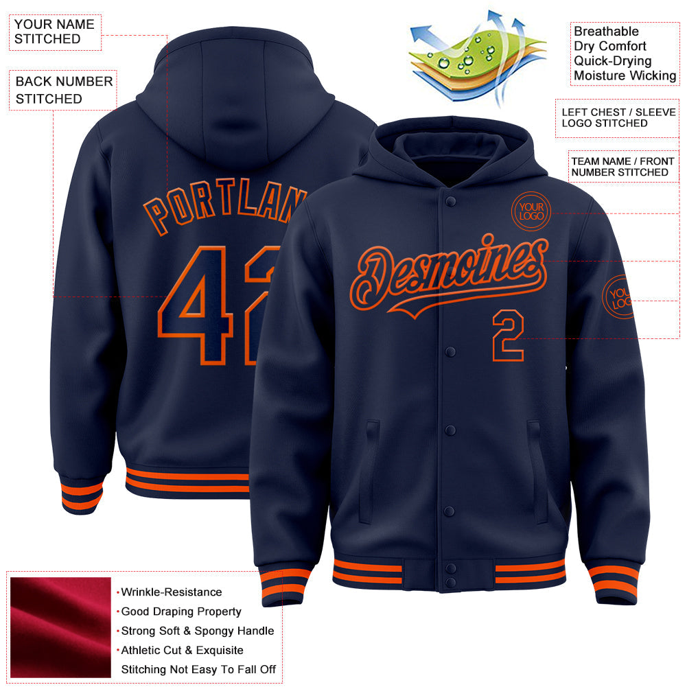 Custom Navy Orange Bomber Full-Snap Varsity Letterman Hoodie Jacket view 3