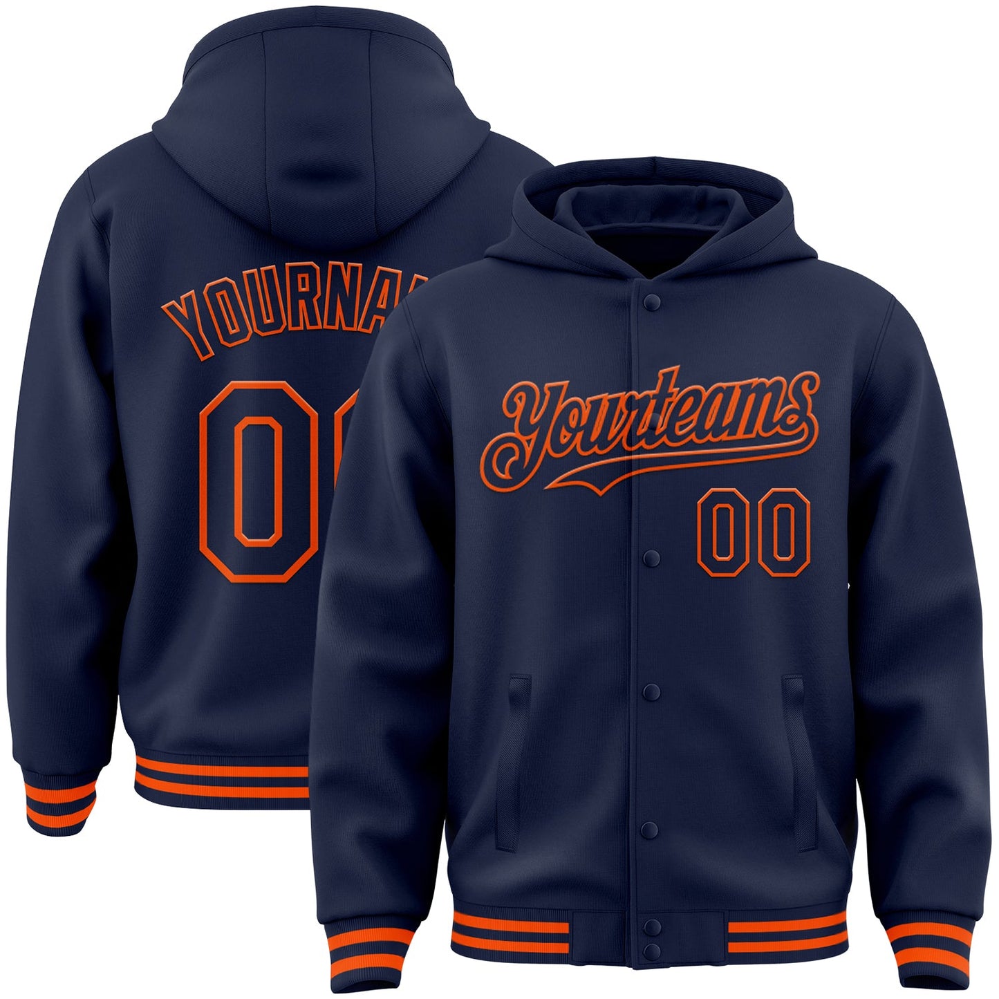 Custom Navy Orange Bomber Full-Snap Varsity Letterman Hoodie Jacket - Main View