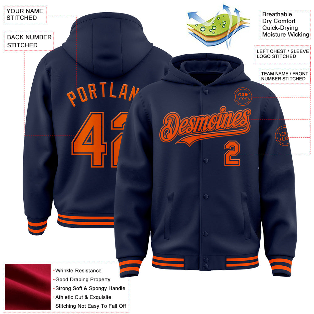 Custom Navy Orange Bomber Full-Snap Varsity Letterman Hoodie Jacket view 3