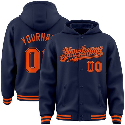 Custom Navy Orange Bomber Full-Snap Varsity Letterman Hoodie Jacket - Main View