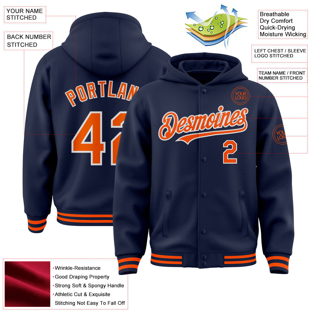 Custom Navy Orange-White Bomber Full-Snap Varsity Letterman Hoodie Jacket view 3