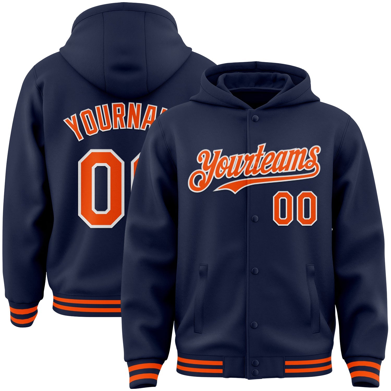 Custom Navy Orange-White Bomber Full-Snap Varsity Letterman Hoodie Jacket - Main View