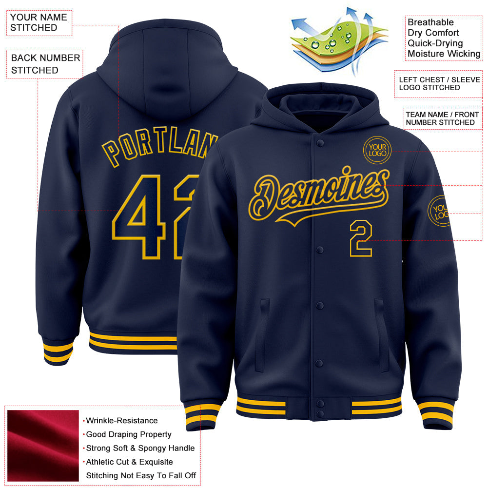 Custom Navy Gold Bomber Full-Snap Varsity Letterman Hoodie Jacket view 3