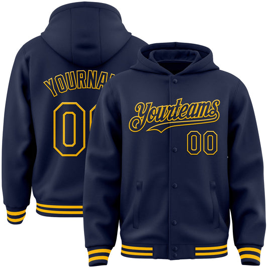 Custom Navy Gold Bomber Full-Snap Varsity Letterman Hoodie Jacket - Main View