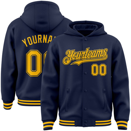 Custom Navy Gold Bomber Full-Snap Varsity Letterman Hoodie Jacket - Main View