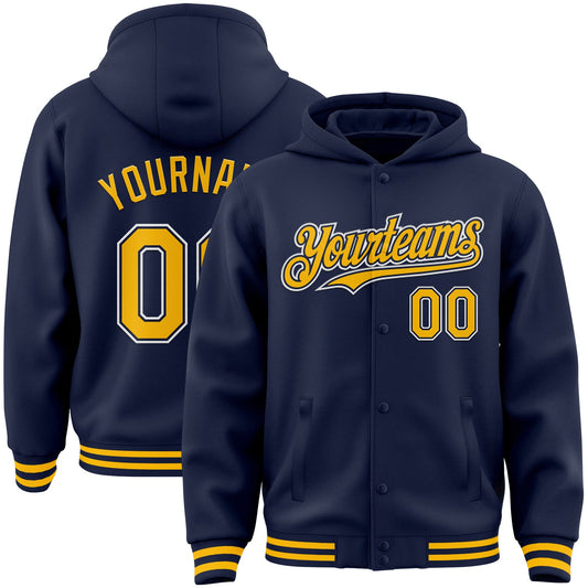Custom Navy Gold-White Bomber Full-Snap Varsity Letterman Hoodie Jacket - Main View
