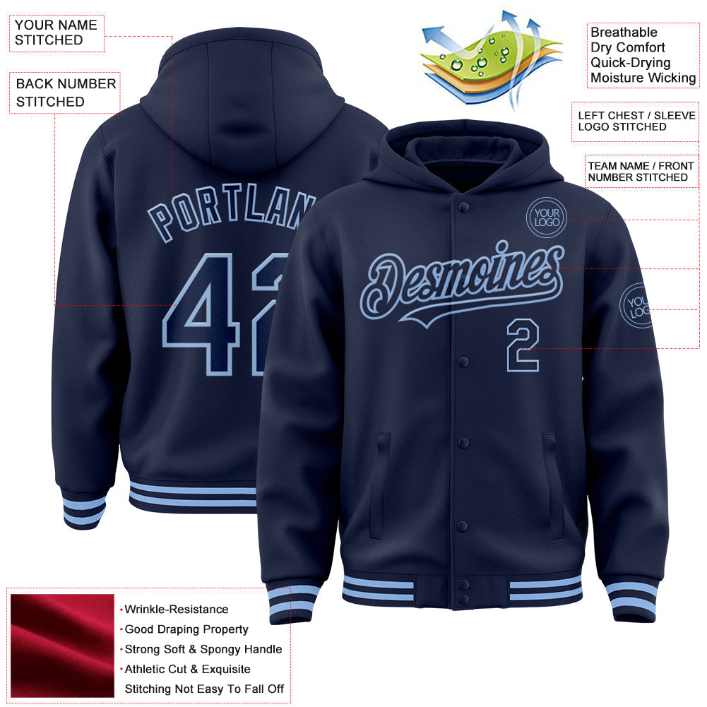 Custom Navy Light Blue Bomber Full-Snap Varsity Letterman Hoodie Jacket view 3